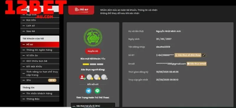 Chính sách bảo mật 3 bảo mật tài khoản 12BET của mình